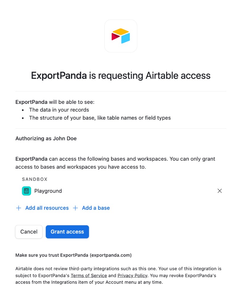 Airtable screen: Grant access for selected bases.
