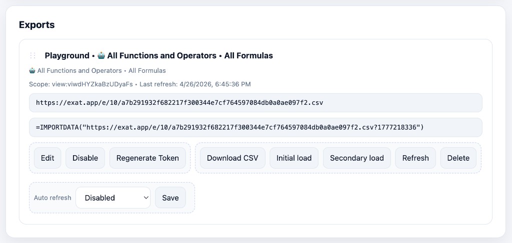 Export card with CSV link and IMPORTDATA formula.