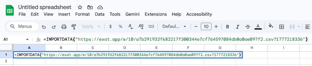 IMPORTDATA formula in Google Sheets cell A1.